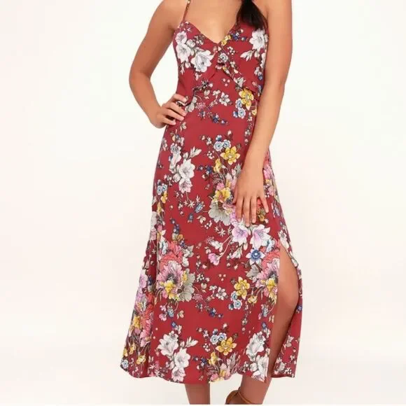 Lulu's That Loving Feeling Red Knee-Length V-Neck Floral Sundress, Size S - Picture 1 of 9